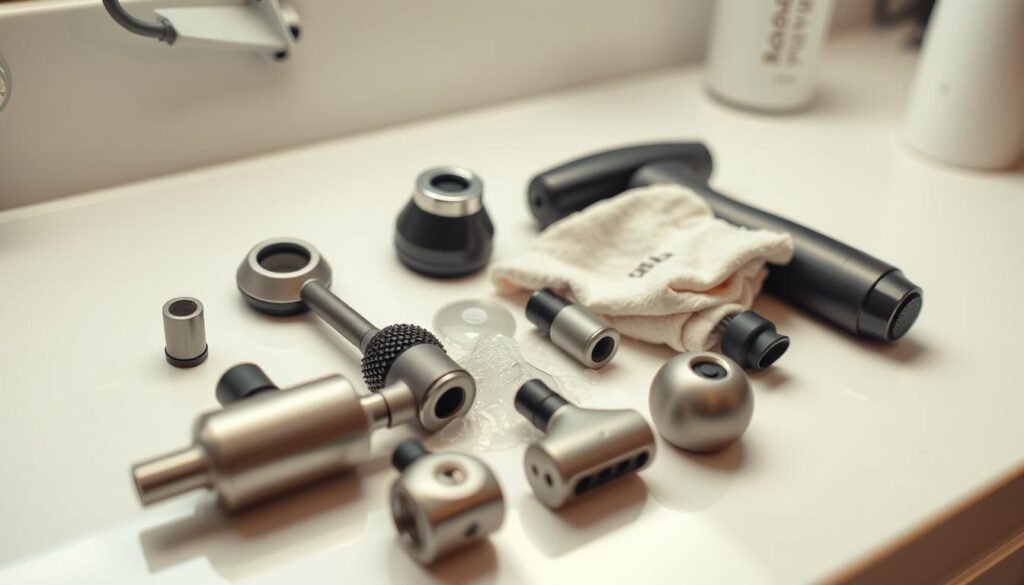 a clean, well-lit countertop or table, with several massage gun attachments of various shapes and sizes arranged neatly. The attachments are being carefully cleaned with a soft cloth and a small amount of specialized cleaning solution. The scene conveys a sense of attentive maintenance, with the attachments gleaming and ready for their next use. The lighting is soft and diffused, creating a calming, professional atmosphere. The camera angle is slightly elevated, providing a clear, unobstructed view of the attachments and the cleaning process.