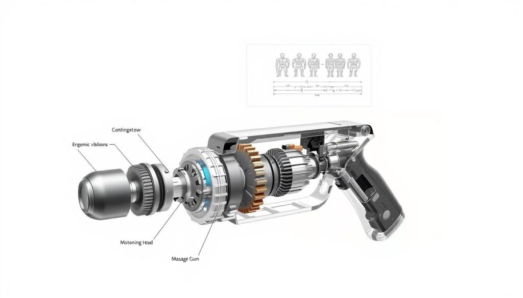 a detailed cutaway illustration of the inner mechanics of a percussive vibration therapy massage gun, showing the intricate interworkings of its components in a technical, scientific style. the device is depicted in a minimalist, monochromatic color palette with crisp, high-contrast rendering to emphasize the precision engineering. the foreground showcases the motor, gears, and oscillating massage head in cross-section, with labeled parts and dimensions. the middle ground reveals the ergonomic casing and handle design, while the background contains a simplified diagram of the device's operating principles and therapeutic vibration patterns. the overall mood is one of clinical efficiency and technological sophistication, conveying the advanced mechanics behind the massage gun's rehabilitative capabilities.