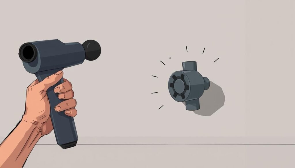 a detailed digital illustration depicting the potential drawbacks of a massage device. in the foreground, a person's hand is shown holding a handheld massage gun, with noticeable discomfort or pain expressed on their face. the middle ground features a close-up view of the massage gun head, highlighting its rigid and angular design. in the background, a minimalist setting with muted colors and simple shapes conveys a sense of frustration or disappointment. the lighting is soft and diffused, creating subtle shadows that emphasize the device's imperfections. the overall mood is one of concern and skepticism towards the effectiveness and comfort of the massage tool.