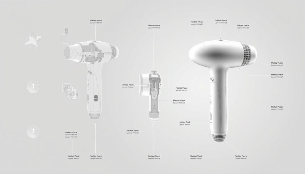 a detailed technical diagram of a percussion therapy device, showing its internal structure and key components. The diagram is rendered in a clean, technical style with precise engineering schematics, cross-sections, and labeled parts. The device is shown from multiple angles, including a cutaway view revealing the inner workings. The lighting is bright and evenly distributed, creating crisp shadows and highlights that emphasize the three-dimensional form. The overall mood is one of clinical precision and functional minimalism, befitting a high-quality massage tool.