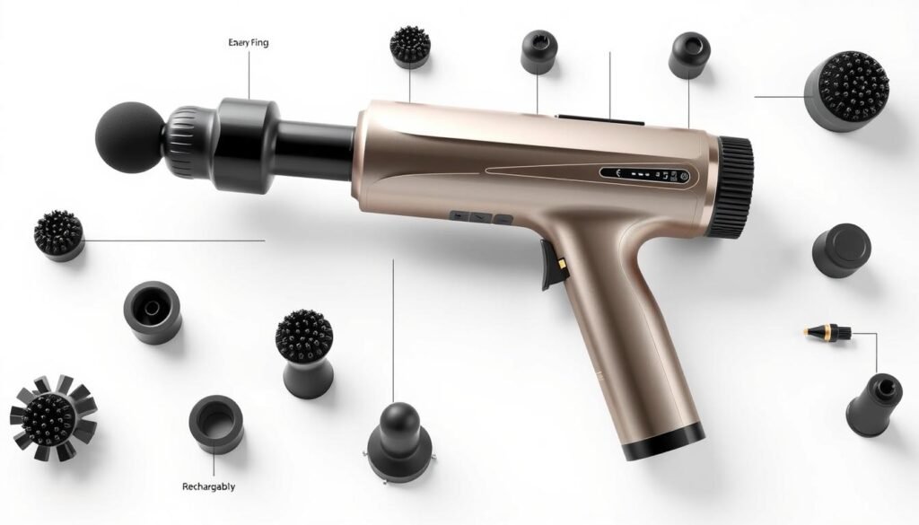 a high-quality, close-up, detailed, photorealistic image of various massage gun features including a sleek, modern design, ergonomic grip, several interchangeable massage heads, speed and intensity controls, and a rechargeable battery, all shot against a clean, minimalist white background with soft, directional lighting from the top and side to accentuate the textures and contours, creating a visually appealing and informative display of the key elements that make up a top-of-the-line massage gun.