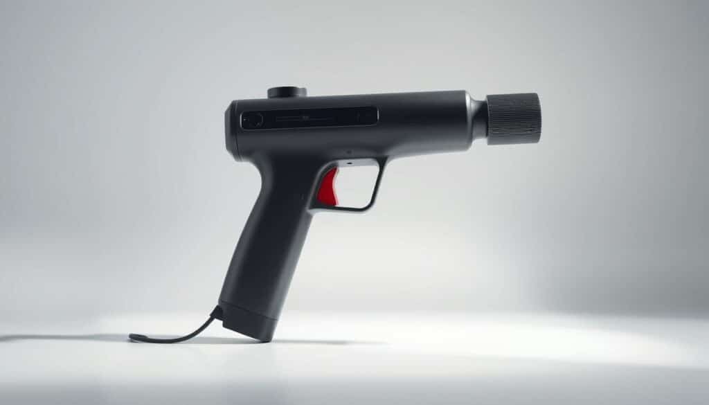 a high-quality, photorealistic image of an affordable percussive therapy device, depicted in a clean, well-lit studio setting. The device should be positioned prominently in the foreground, showcasing its ergonomic design and sleek, modern aesthetic. The middle ground should feature a simple, minimalist background, allowing the device to be the focal point. Subtle ambient lighting from the side and above should create soft, natural shadows, enhancing the product's form and texture. The overall mood should convey a sense of practical functionality and accessibility, reflecting the "massage gun cheap" theme.