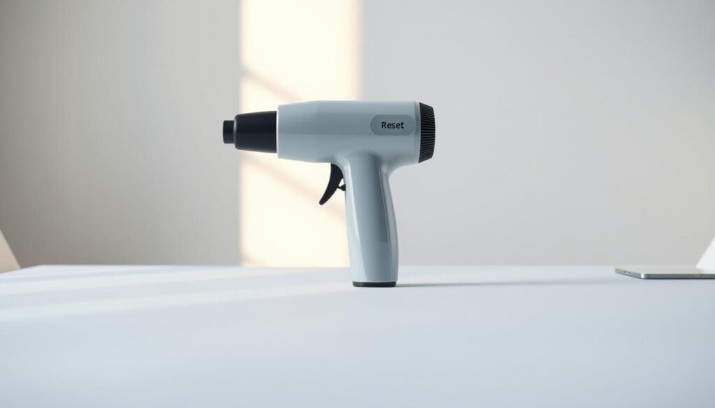 a highly detailed, realistic digital illustration of a device reset process, featuring a close-up view of a massage gun on a clean, minimalist table. The massage gun is placed in the center of the frame, with a glowing reset button prominently displayed. The background is softly lit, creating a serene and calming atmosphere. The lighting is natural and diffused, casting subtle shadows and highlights on the device. The overall composition emphasizes the simplicity and ease of the reset process, inviting the viewer to engage with the product. The image conveys a sense of professionalism and attention to detail, perfectly aligning with the "Setup, Reset, and Device Calibration" section of the article.