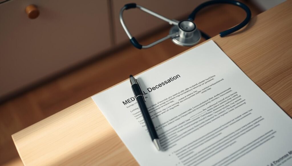 a letter of medical necessity documentation laying on a wooden desk, viewed from above at a slight angle, with a pen and a stethoscope next to it. the letter has a professional, clinical appearance, with clear, neatly printed text and a formal header. the desk is made of light-colored wood, and the background is blurred, creating a soft, subtle focus on the letter. the lighting is soft and natural, creating gentle shadows and highlights that accentuate the textures of the paper and desk surface. the overall mood is one of seriousness and attention to detail, reflecting the importance of the medical documentation.