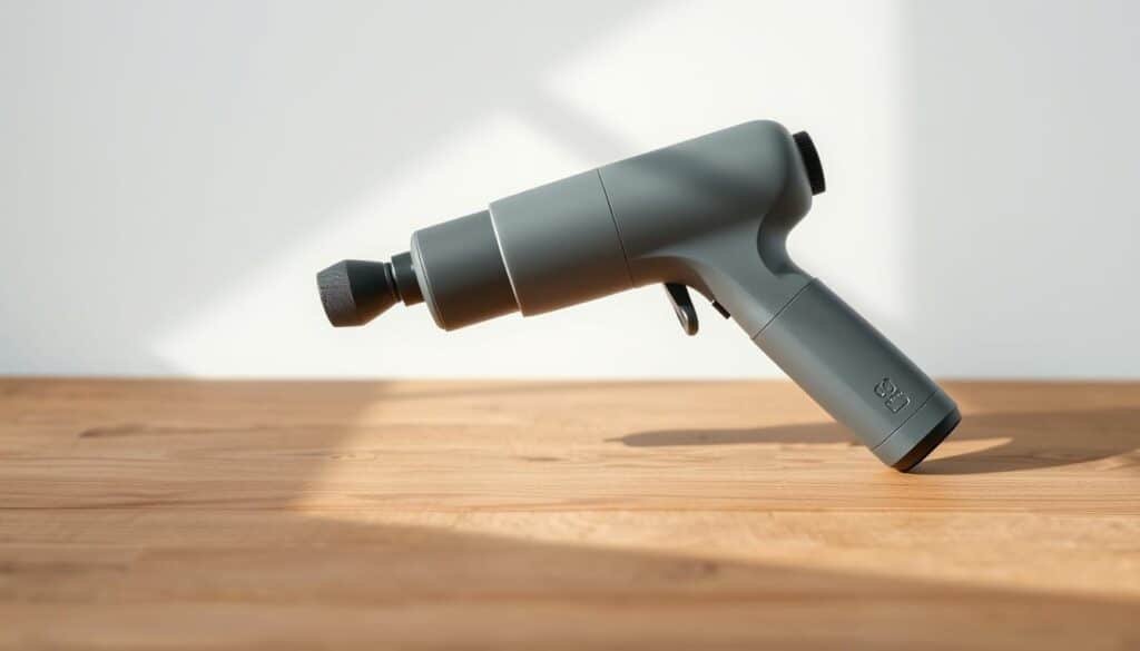 a quiet, serene massage gun device resting on a minimalist wooden surface, with a soft natural light illuminating its sleek, ergonomic design. the device features a matte gray or black finish, with clean lines and a subtle textured grip. it is positioned against a neutral background, perhaps a soft gray or off-white, creating a calming, spa-like atmosphere. the massage gun appears powerful yet unobtrusive, capturing the essence of a "quiet" massage tool that can provide deep tissue relief without distracting noise or vibration.