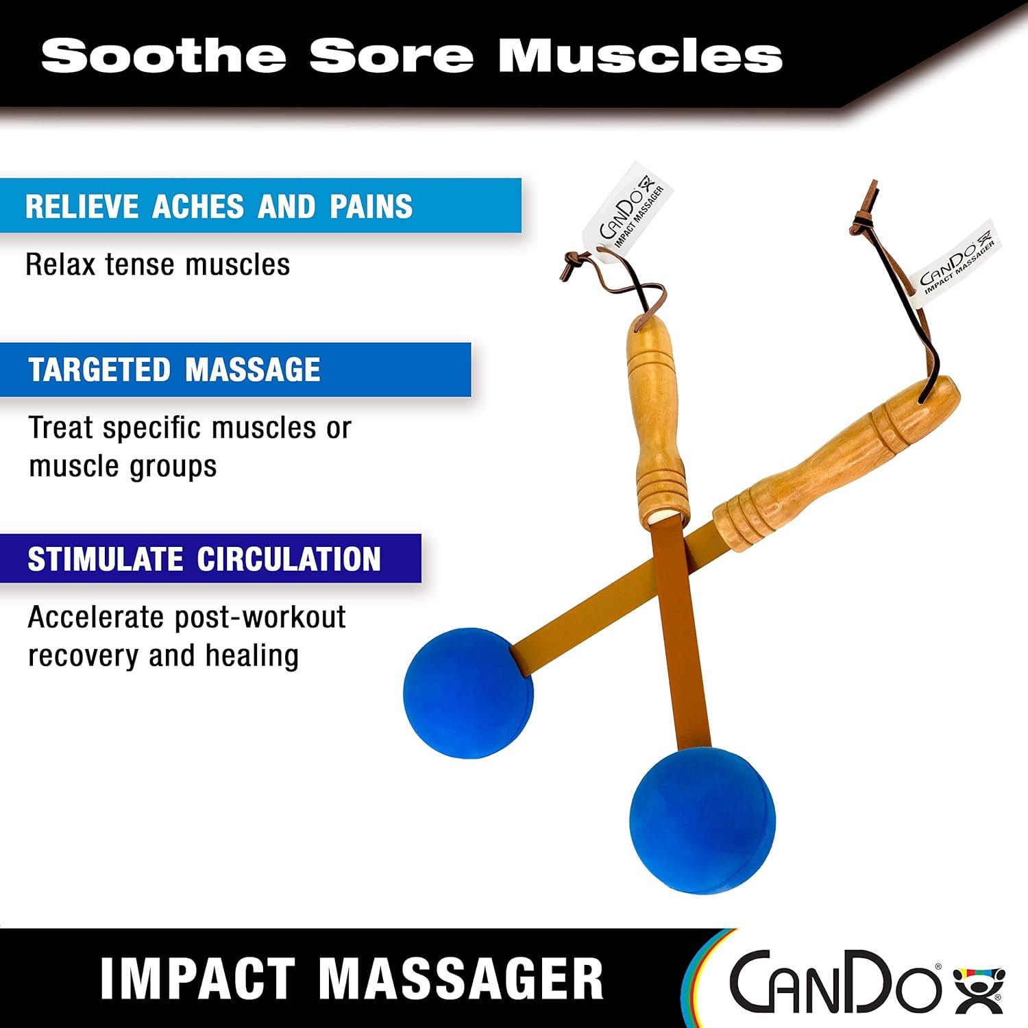 CanDo Percussion Massagers 2 Pack Manual Ball Massage, Flexible Stick Massage Tools for Sore Muscles, Back, Shoulders, Neck, Legs, and Total Body with Comfort Grip Wood Handles, Blue