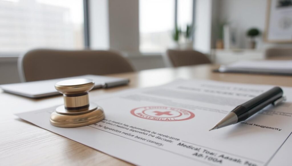 medical necessity documentation, medical report with stamp of approval, official-looking paperwork on desk with pen, office setting with natural lighting, close-up angle, minimalist and clean design, professional and authoritative atmosphere, important medical document requiring review and signature