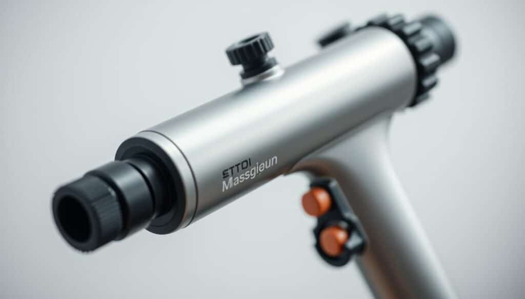 A close-up shot of a massage gun, showcasing its key components and features. The gun is held at a slight angle, revealing its ergonomic grip, sleek metallic body, and various interchangeable massage heads. The lighting is soft and diffused, creating a sense of clarity and attention to detail. The background is blurred, keeping the focus on the massage gun and its intricate design. The overall mood is one of precision and functionality, highlighting the essential elements of this percussive therapy tool.