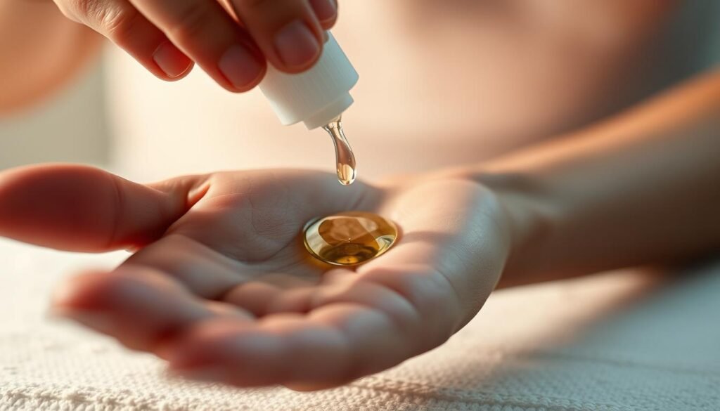 A close-up shot of a person's hand gently applying a few drops of clear, fragrant massage oil onto the palm of their other hand. The lighting is soft and diffused, creating a soothing, intimate atmosphere. The skin on the hands appears smooth and healthy, with a subtle glow. The background is blurred, keeping the focus on the delicate motion of the oil application. The image conveys a sense of relaxation and care, reflecting the troubleshooting of common skin reactions after using a massage gun.
