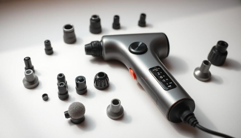 A close-up shot of various massage gun attachments and settings laid out on a clean, minimalist surface. The attachments, such as different-sized heads and textured tips, are arranged neatly, showcasing their unique shapes and materials. The massage gun itself is prominently displayed, its control panel clearly visible, allowing the viewer to inspect the various speed and intensity settings. The lighting is soft and diffused, creating a serene, clinical atmosphere that highlights the technical aspects of the massage gun accessories. The overall composition emphasizes the details and functionality of the massage tools, hinting at their potential impact on skin sensitivity.
