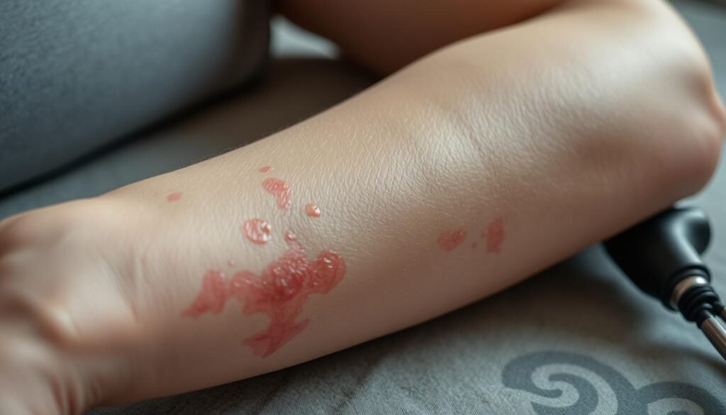 A close-up view of a person's arm with visible skin irritation and redness, caused by the use of a massage gun. The skin appears inflamed and sensitive, with a slightly raised, bumpy texture. The massage gun is placed next to the arm, showcasing the direct connection between its use and the resulting skin sensitivity. The lighting is soft and diffused, highlighting the delicate nature of the skin and the discomfort experienced. The background is slightly blurred, keeping the focus on the arm and the massage gun. The overall mood conveys a sense of discomfort and the need to understand the potential adverse effects of using a massage gun.