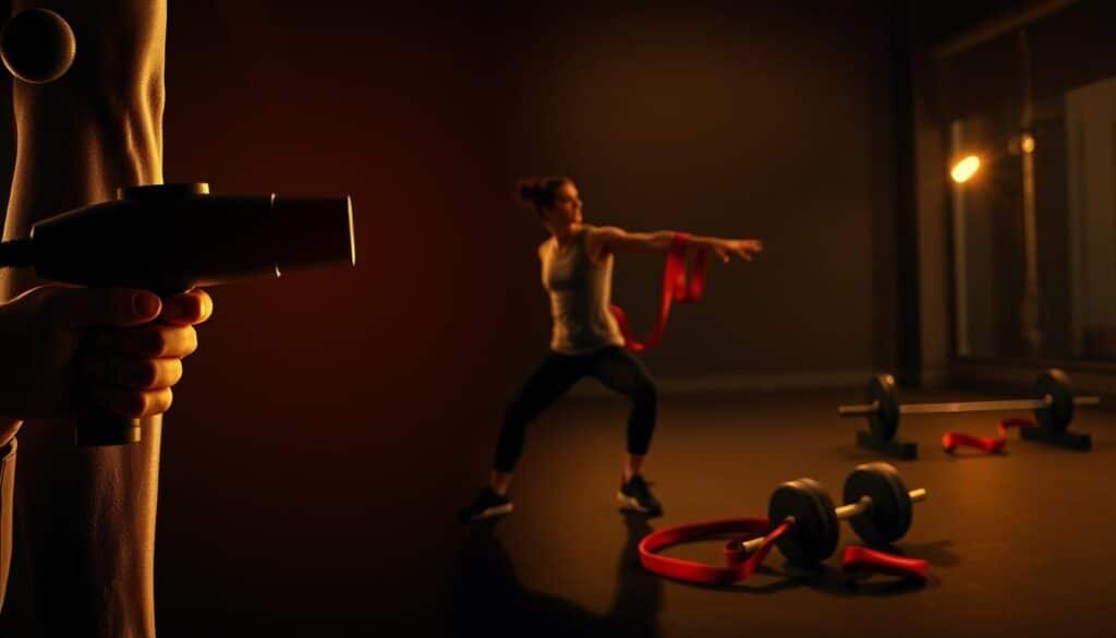 A dimly lit gym setting, showcasing a side-by-side comparison of different warm-up methods. In the foreground, a massage gun is held against a toned, athletic leg, its vibrations visually pulsing. In the middle ground, a person performs dynamic stretches, their movements captured in a series of blurred motion lines. In the background, a weighted bar and resistance bands lay on the floor, hinting at traditional strength-based warm-ups. The scene is bathed in a warm, golden hue, creating a contemplative atmosphere as the viewer considers the relative merits of each approach.