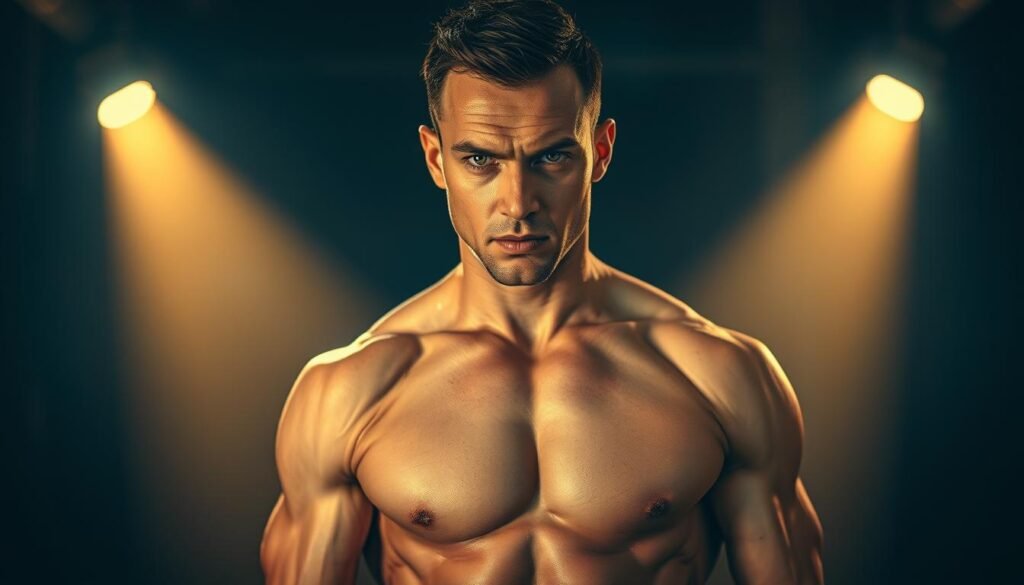 A hyper-focused individual standing in a dimly lit gym, their muscular physique illuminated by a warm, directional spotlight. The skin glistens with a thin sheen of sweat, highlighting the intricate network of veins and the distinct contours of their well-defined muscles. The subject's expression is intense, their eyes narrowed, conveying a sense of determination and primal energy. The background is blurred, drawing all attention to the subject's powerful, pre-workout muscle activation. Crisp, high-contrast photography with a shallow depth of field, capturing the raw essence of physical preparedness.