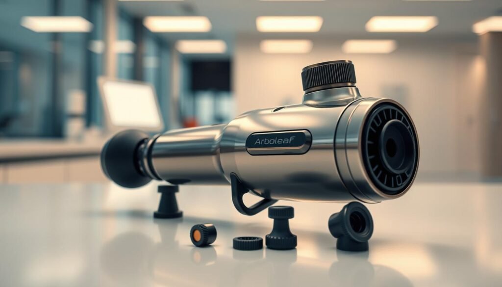 A precision muscle recovery device, its sleek metallic body reflecting the warm overhead lighting. The device rests on a clean, minimalist surface, showcasing its ergonomic grip and various massage attachments. In the background, a blurred, modern workspace creates a professional, clinical atmosphere. The device's controls and settings are clearly visible, inviting the user to explore its features. The image conveys a sense of advanced technology and therapeutic potential, perfectly suited to illustrate the Arboleaf Massage Gun's capabilities.