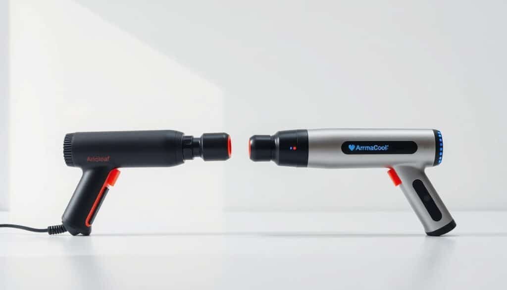 A sleek, minimalist tabletop showcasing two Arboleaf massage gun models side-by-side. The Sport Case model in the foreground, its matte black body and vibrant red accents creating a bold, sporty aesthetic. The ThermaCool Pro model in the middle ground, its brushed silver finish and subtle blue LED indicators conveying a more premium, professional vibe. Soft, directional lighting from the left illuminates the contours and textures of the devices, casting subtle shadows that add depth and dimension. The background is a clean, white studio setup, allowing the massage guns to be the focal point. The overall mood is one of considered product design and thoughtful comparison, inviting the viewer to closely examine the distinctions between the two variants.