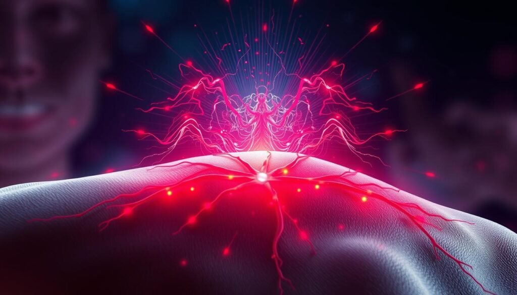 A vibrant, high-resolution digital illustration depicting the physiological effects of intense massage therapy. In the foreground, a stylized cross-section of human skin and muscle tissue, showcasing the intricate network of blood vessels and nerve endings. Vivid red and blue hues pulsate, representing the increased blood flow and stimulation of the nervous system. In the middle ground, a rhythmic, wave-like pattern of energy radiates outward, capturing the dynamic sensations of the massage experience. The background is shrouded in a soft, ethereal glow, creating an immersive and meditative atmosphere. Rendered with a hyper-realistic, almost scientific aesthetic, the image conveys the profound, visceral impact of targeted massage on the human body.