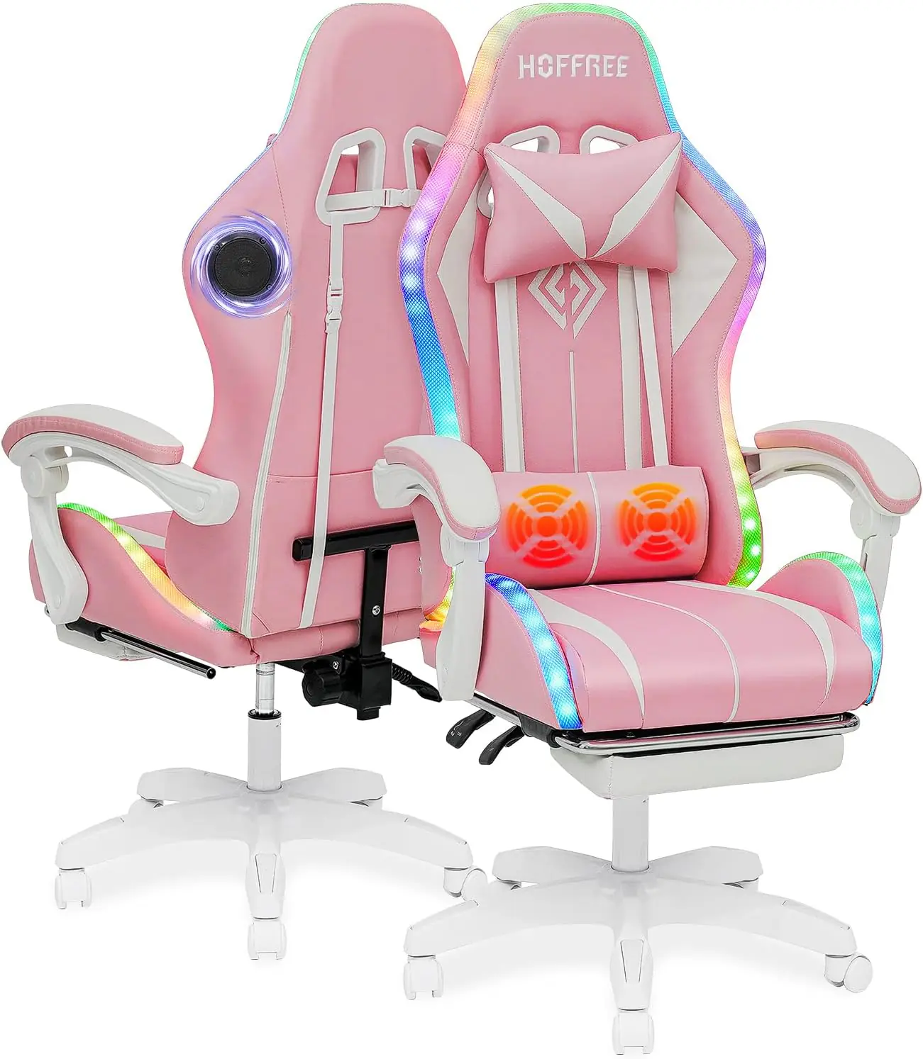 Hoffree Pink Gaming Chair With Bluetooth Speakers And Led Rgb Lights Cute Ergonomic Massage Computer Gaming Chair With F