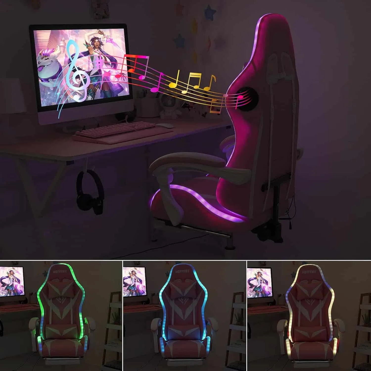 Hoffree Pink Gaming Chair With Speakers And Led Lights Massage Video Game Chair With Footrest Reclining Computer Gaming 1 1