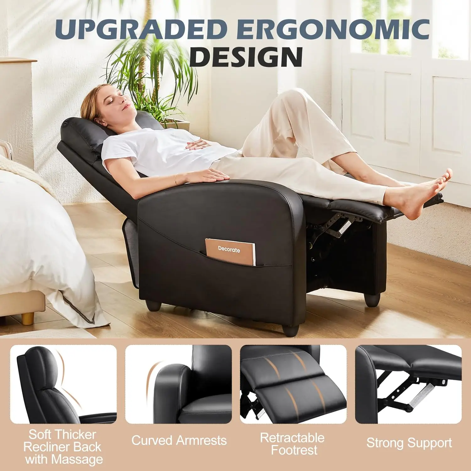 Sweetcrispy Recliner Chair For Adults Massage Pu Leather Small Recliner Home Theater Seating With Lumbar Support Adjusta 4