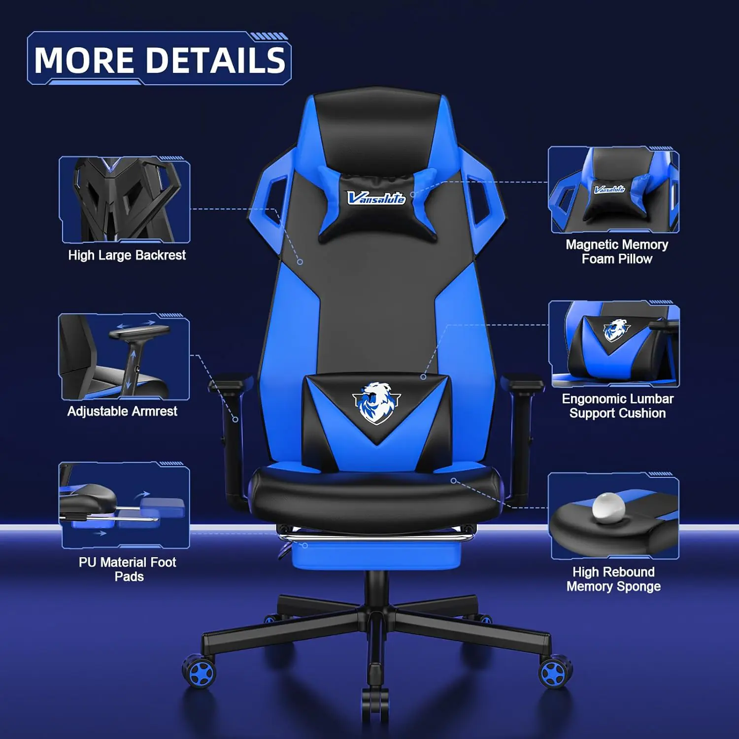 Gaming Chair Computer Chair With Footrest And Lumbar Support Pu Leather High Back Adjustable Game Chair With Adjustable 1 4