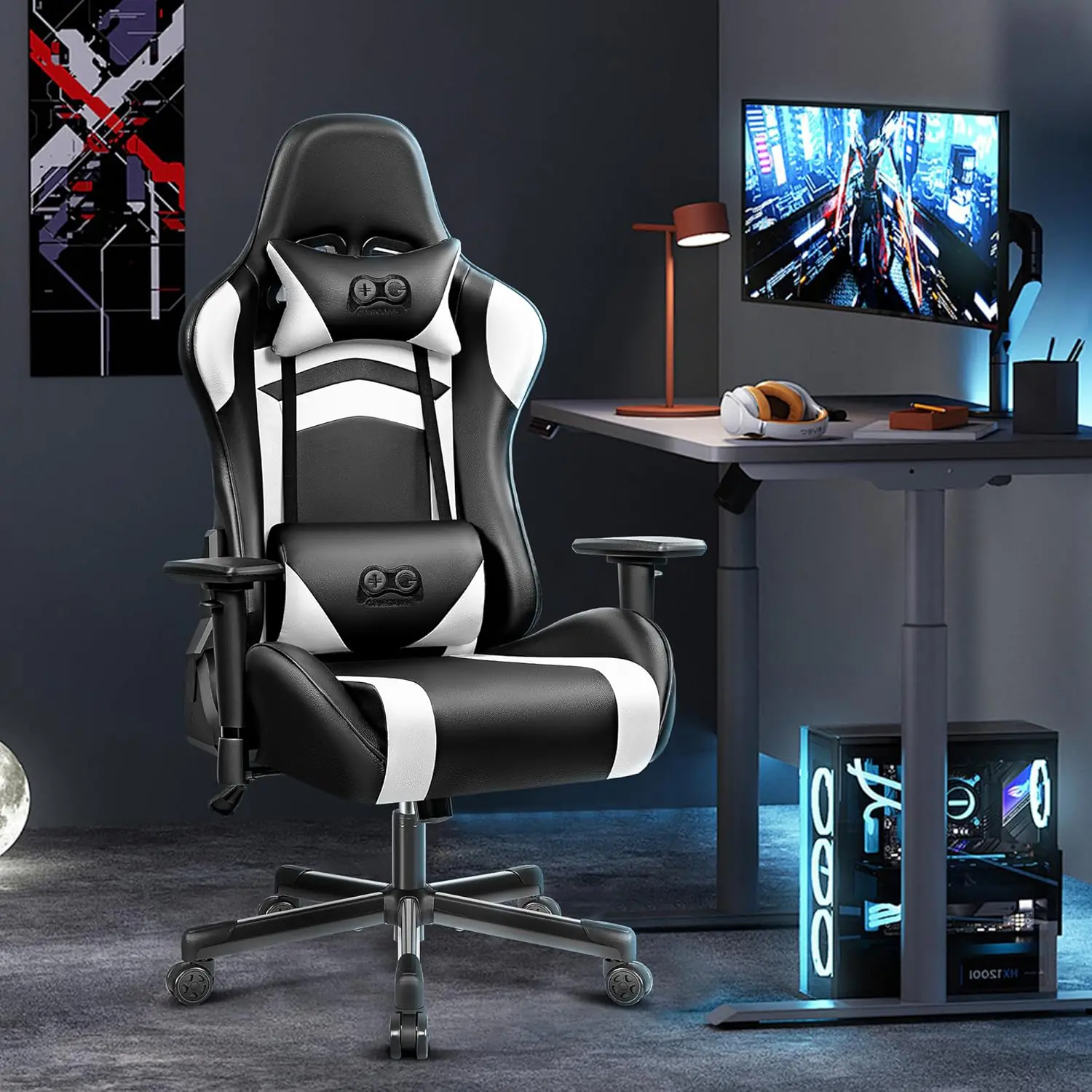 Onegame White Gaming Chair Video Game Chair Ergonomic Computer Chair Height Adjustable Game Chair Racing Style Gamer Cha 2