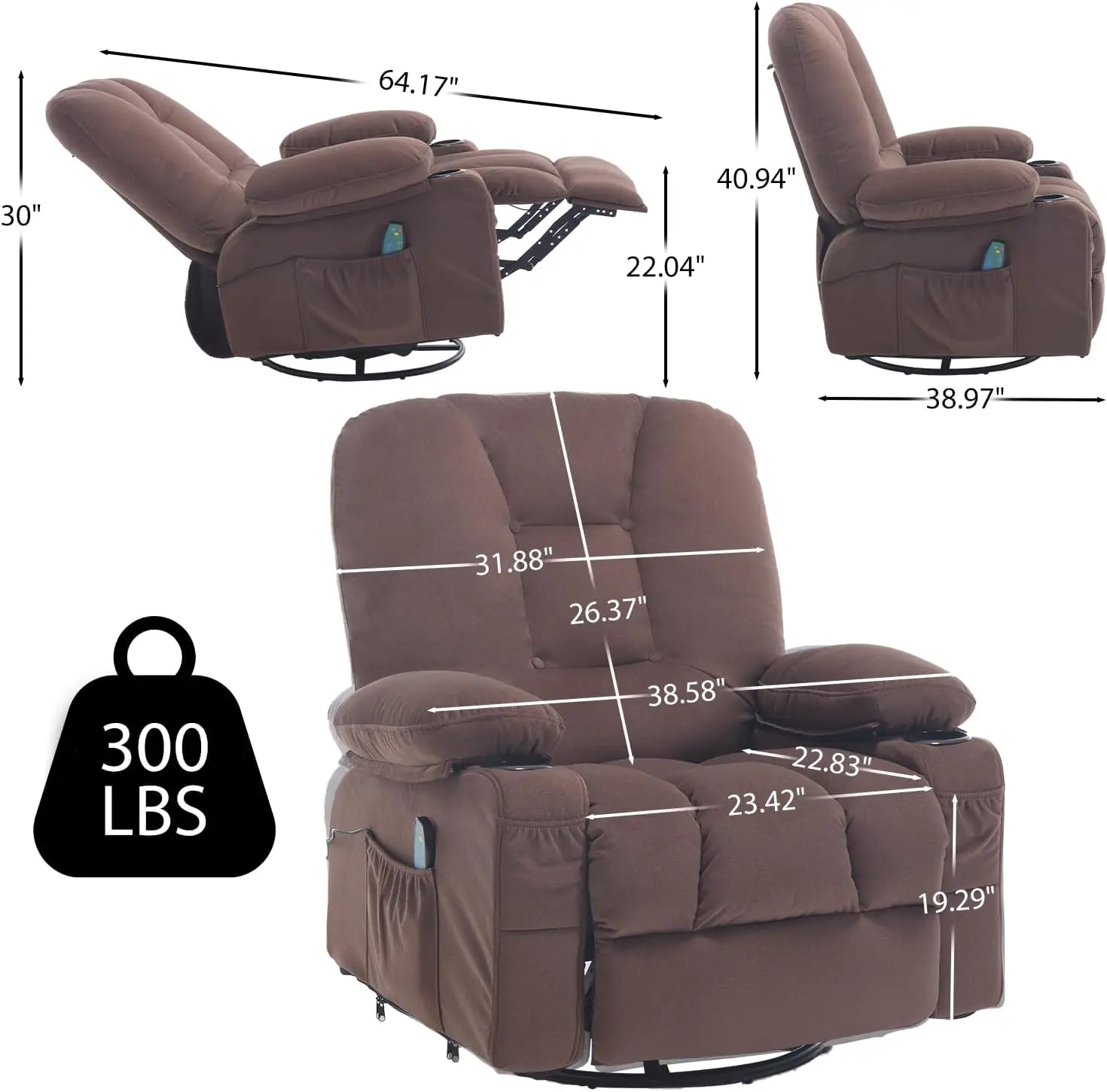 Recliner Chair For Adults Rocker Recliners With Massage And Heat Fabric Overstuffed Swivel Glider With Cup Holder Side P 2