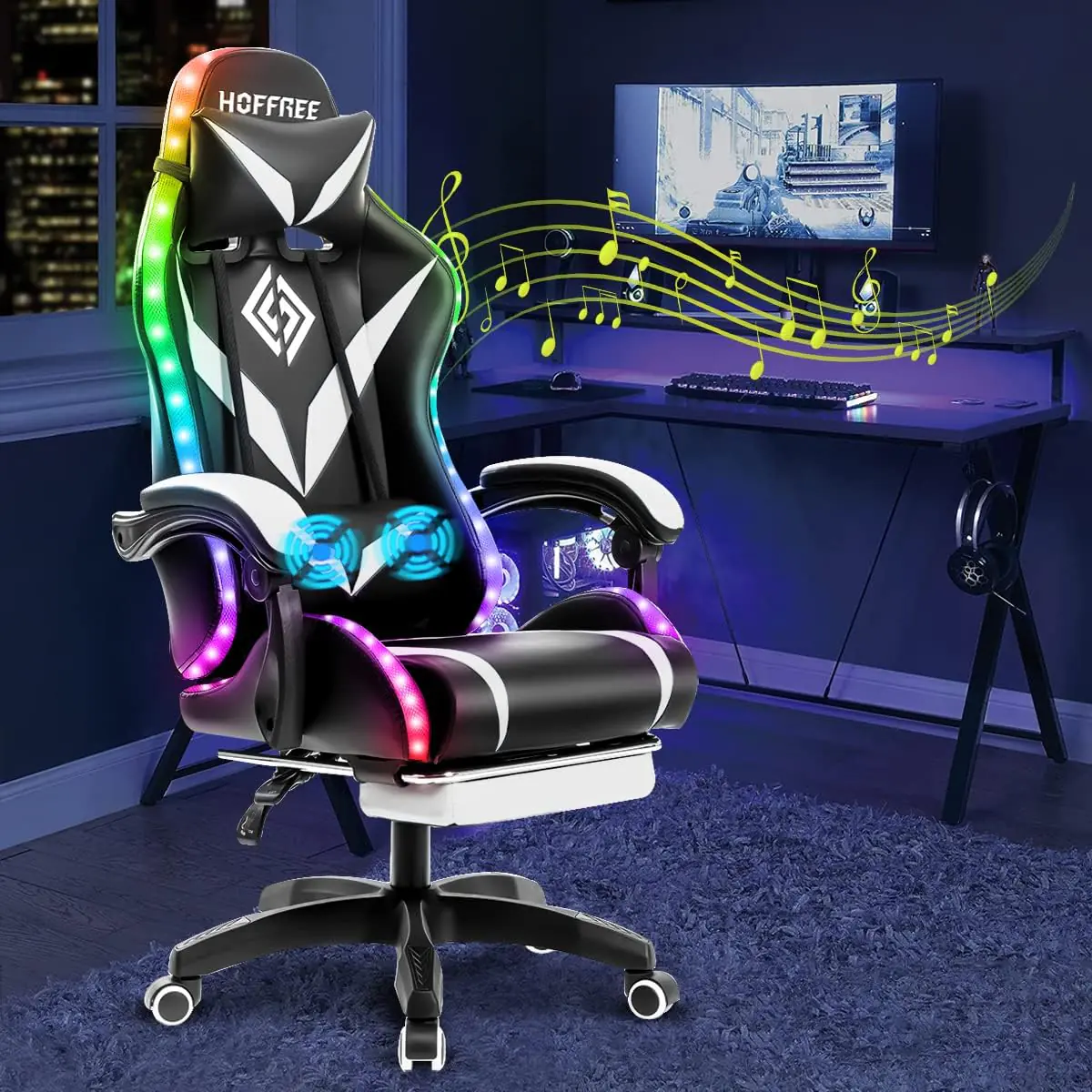 Hoffree Gaming Chair Massage With Bluetooth Speakers And Led Lights Ergonomic Computer Gaming Chair With Footrest Rgb Vi