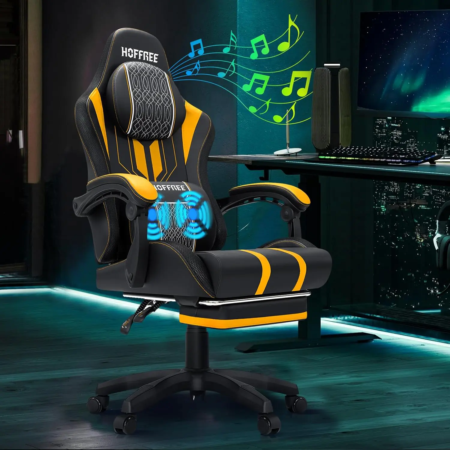 Hoffree Gaming Chair With Speakers Massage Big And Tall Gaming Chairs With Footrest And Bluetooth For Adults 400lbs Recl