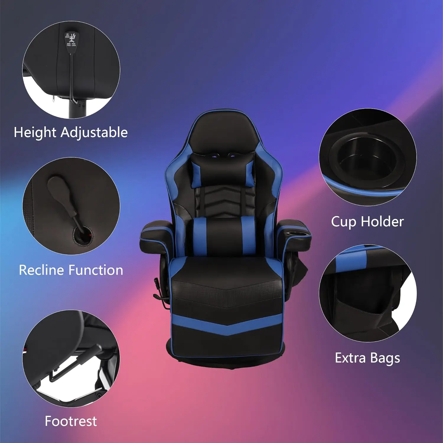 Massage Gaming Chair For Adults Heavy Duty Reclining Office Chair With Footrest Adjustable Backrest And Cup Holder Black 3