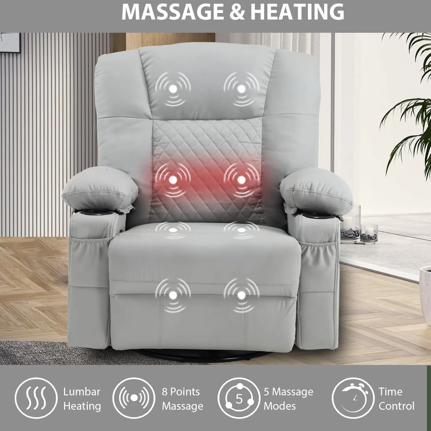 Oversize Swivel Rocker Recliner With Massage Heat With Cup Holders Usb Charge Port Overstuffed Single Sofa Lounge Chairs 3