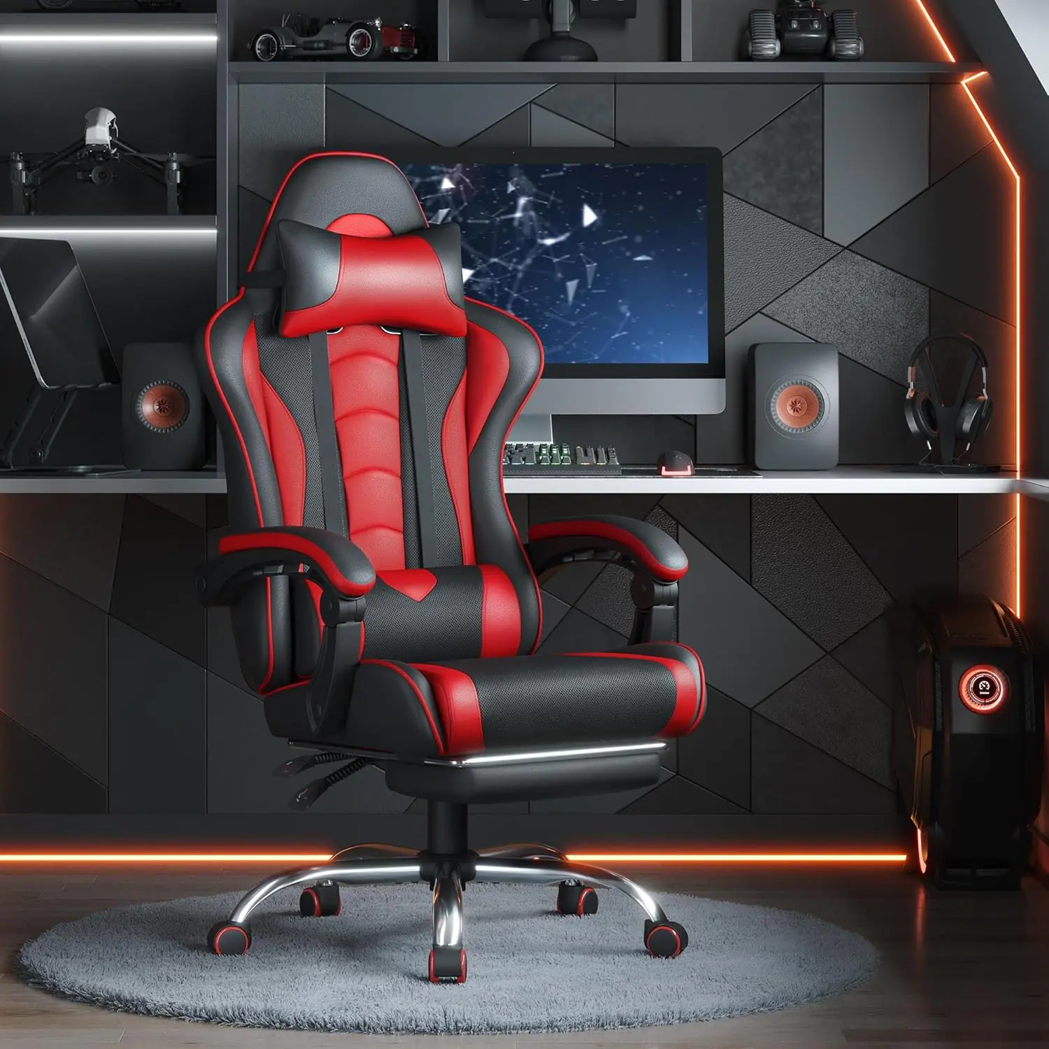 Yaheetech Gaming Chair Video Game Chair With Massage Lumbar Support And Footrest Height Adjustable Ergonomic Computer Ch 1