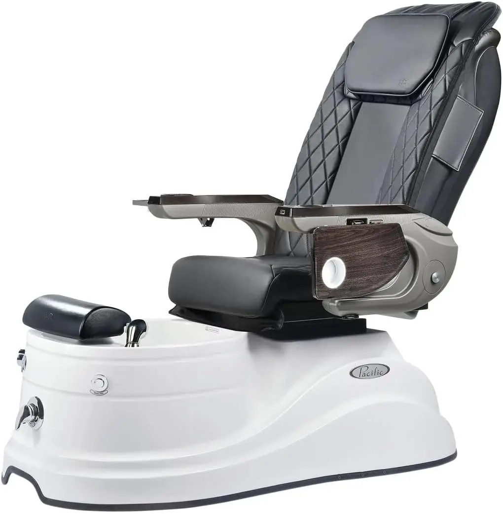 J A Pacific GT Pedicure Spa Chair for Professional Salons Spas, Shiatsu Massage Chair, LED Light in Bowl, White Base, Premium Black Leather, Free Black Stool, JA-PACIFICGT-WHT-BLK