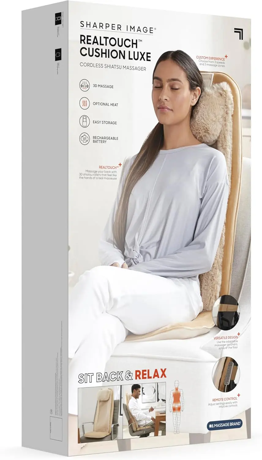 Sharper Image Realtouch Cushion Luxe Cordless Shiatsu Massager Chair Pad Heated Seat Topper With Remote Control Heat Vib 4