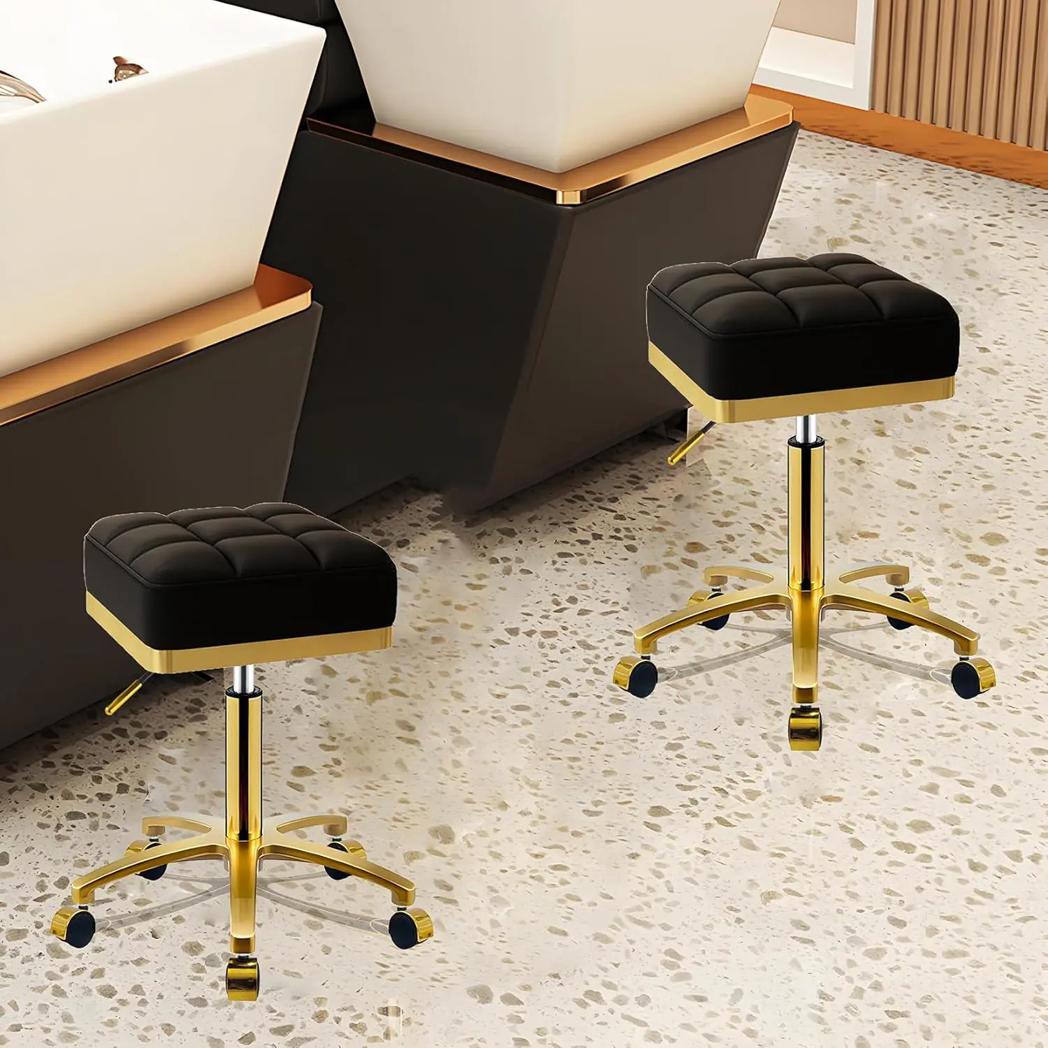 Square Rolling Stool Gold Adjustable Swivel Stools with Wheels, Vanity Lash Nail Salon Spa Roller Chair, Esthetician Massage Office Pedicure Stool, Heavy Duty Gold Plated Frame (White)