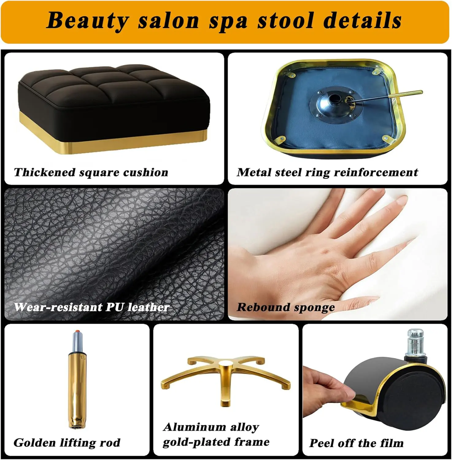 Square Rolling Stool Gold Adjustable Swivel Stools with Wheels, Vanity Lash Nail Salon Spa Roller Chair, Esthetician Massage Office Pedicure Stool, Heavy Duty Gold Plated Frame (White)