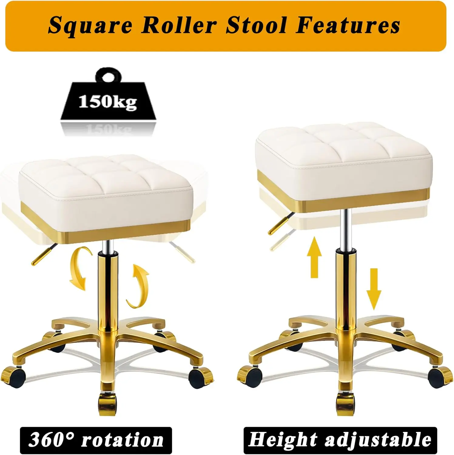 Square Rolling Stool Gold Adjustable Swivel Stools with Wheels, Vanity Lash Nail Salon Spa Roller Chair, Esthetician Massage Office Pedicure Stool, Heavy Duty Gold Plated Frame (White)