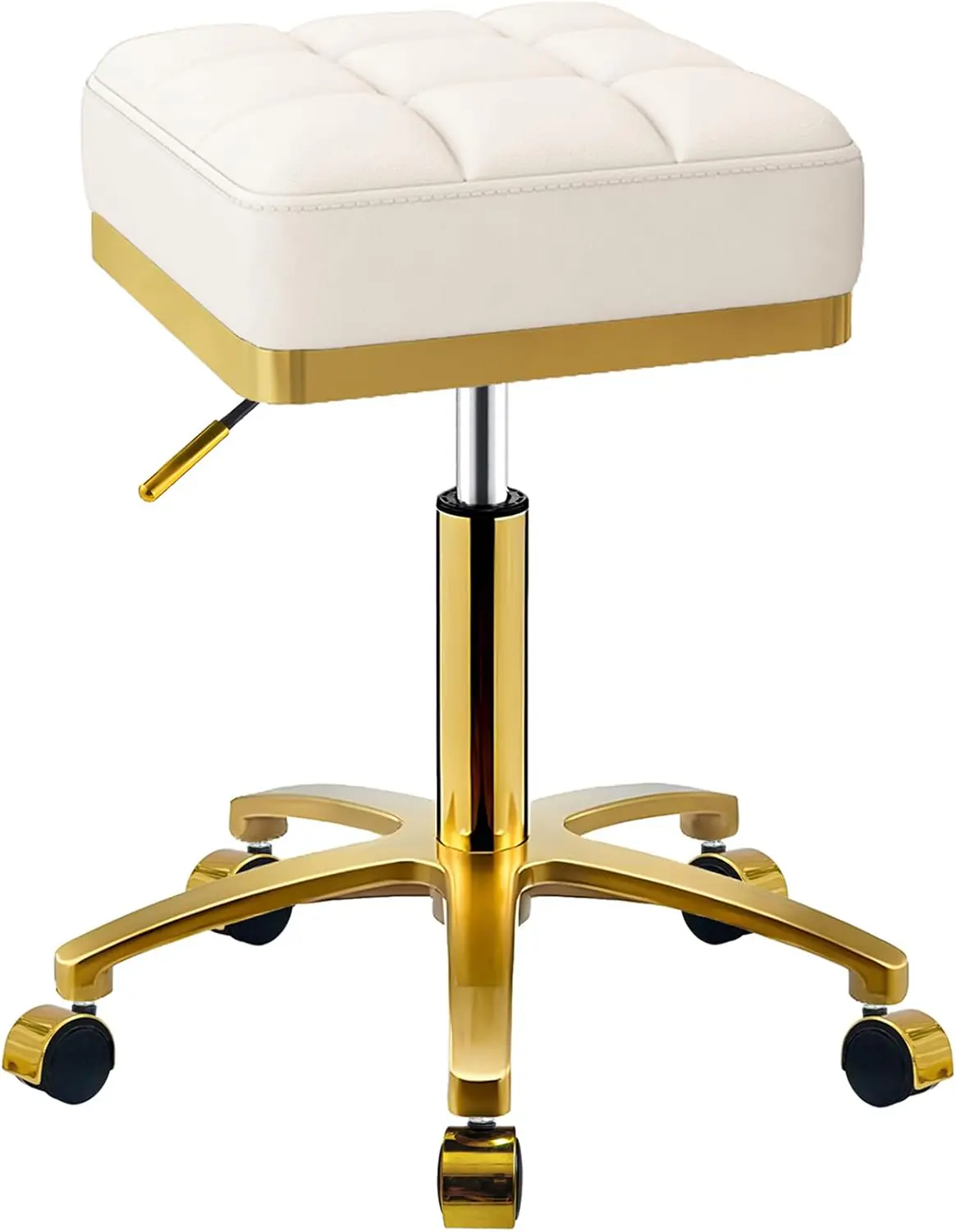 Square Rolling Stool Gold Adjustable Swivel Stools with Wheels, Vanity Lash Nail Salon Spa Roller Chair, Esthetician Massage Office Pedicure Stool, Heavy Duty Gold Plated Frame (White)