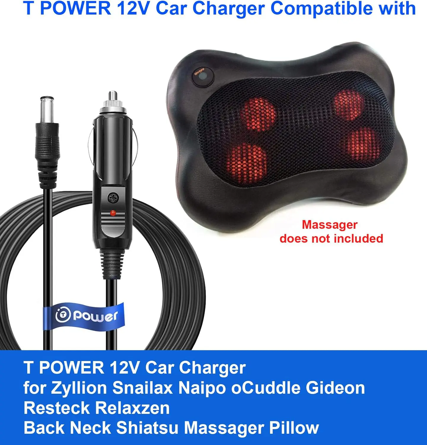 T Power 12v Car Charger For Zyllion For Snailax Five S Gideon Relaxzen Belmint Nursal Shiatsu Neck Back Massager Office 1 2