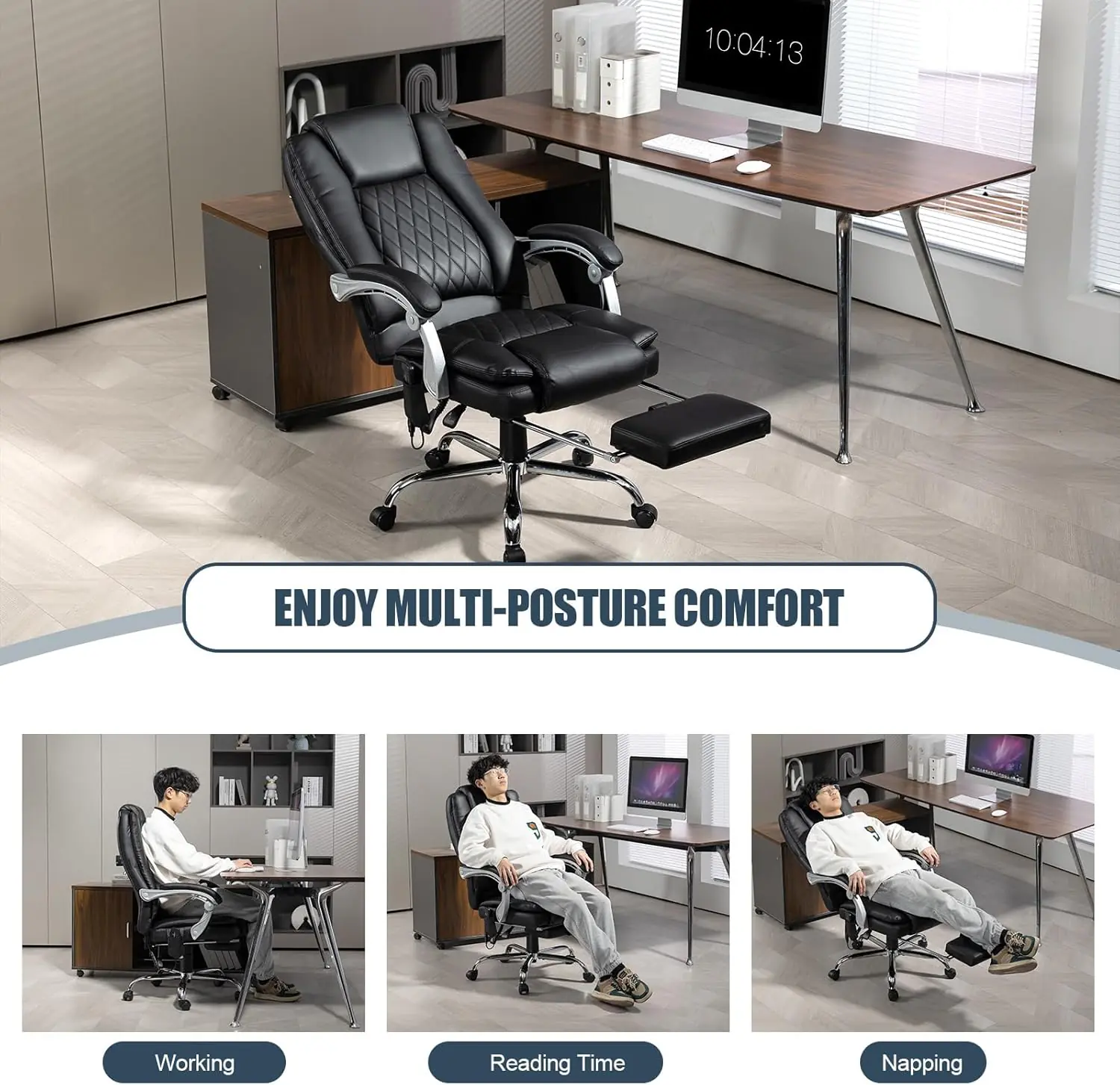 400lbs Executive Leather Office Chair with Ergonomic Design and Reclining Function - Comfortable Computer Desk Chair with Integrated Foot Rest-Black Morden