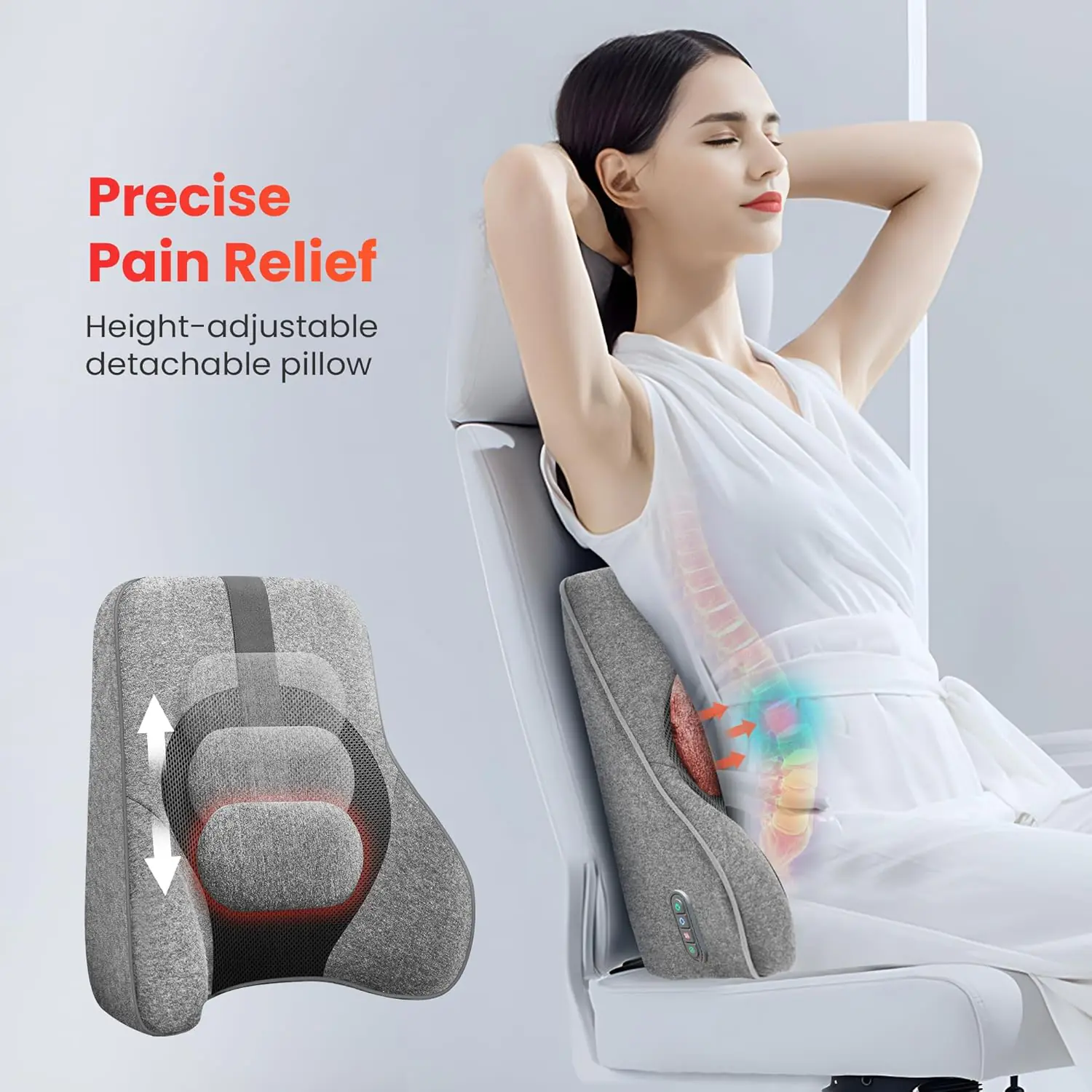 Back Lumbar Support Pillow for Office Chair Car, Office Desk Chair Lumbar Back Support with 4 Shiatsu Massage Heads Heating Function, Memory Foam Lumbar Pillow for Computer Gaming Chair-Gray