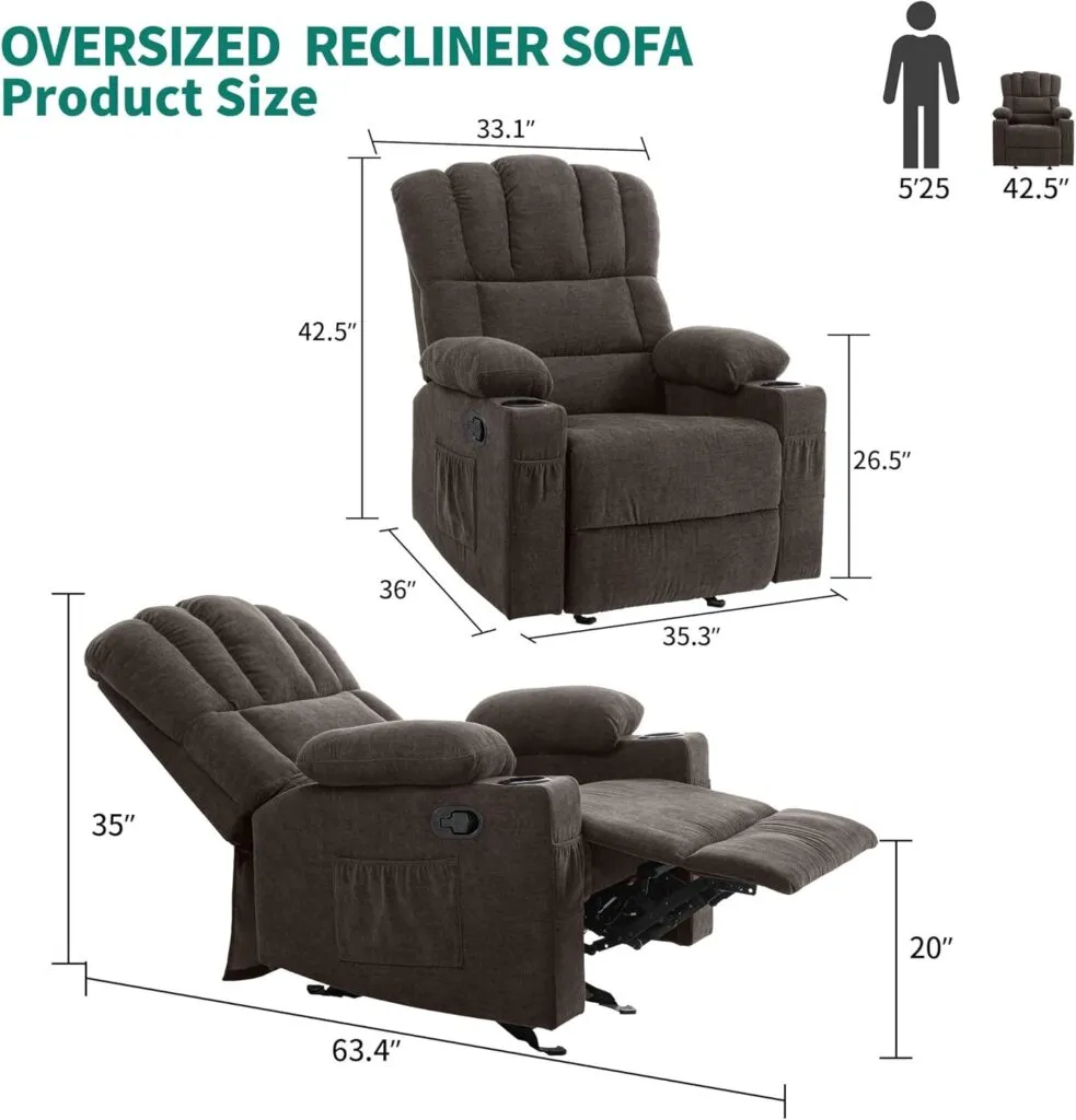 Yitahome Manual Recliner Chair With Massage And Heat Fabric Recliner Chair With Overstuffed Armrest Rocking Recliner Wit