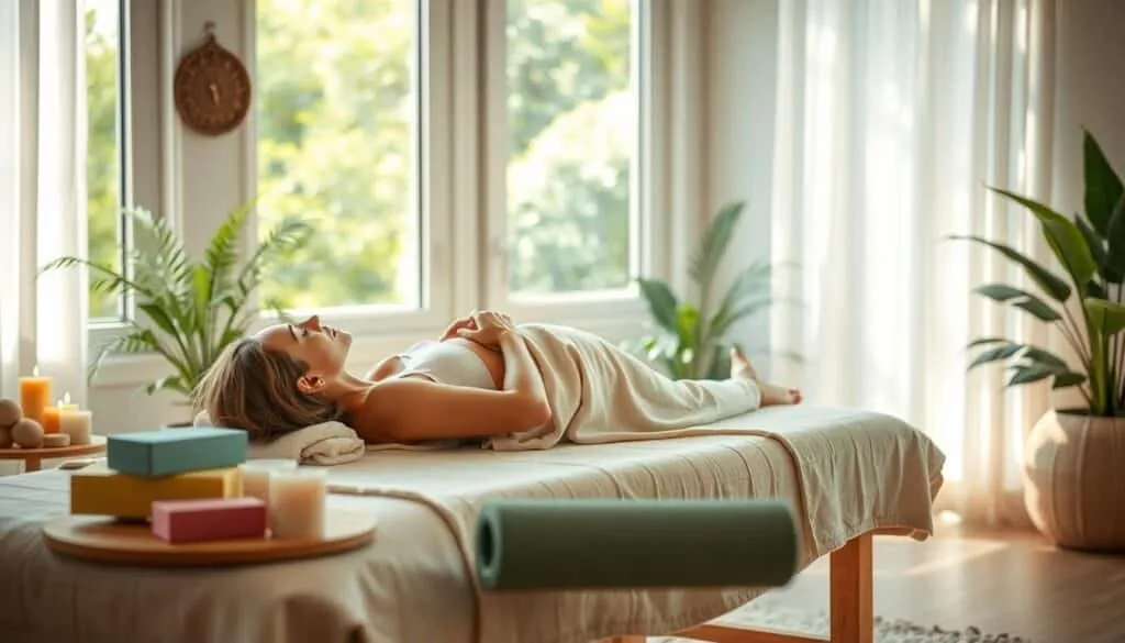 A serene, sun-lit room with natural elements and soothing textures. In the foreground, a pregnant woman relaxes on a massage table, her eyes closed as she experiences a prenatal massage alternative, such as acupressure or guided meditation. Surrounding her, a variety of self-care tools and accessories like aromatherapy candles, yoga blocks, and prenatal massage rollers. In the background, a calming, nature-inspired scene with lush greenery and soft, diffused lighting, creating a tranquil, spa-like atmosphere. The overall mood is one of relaxation, self-care, and holistic wellness for the expecting mother.