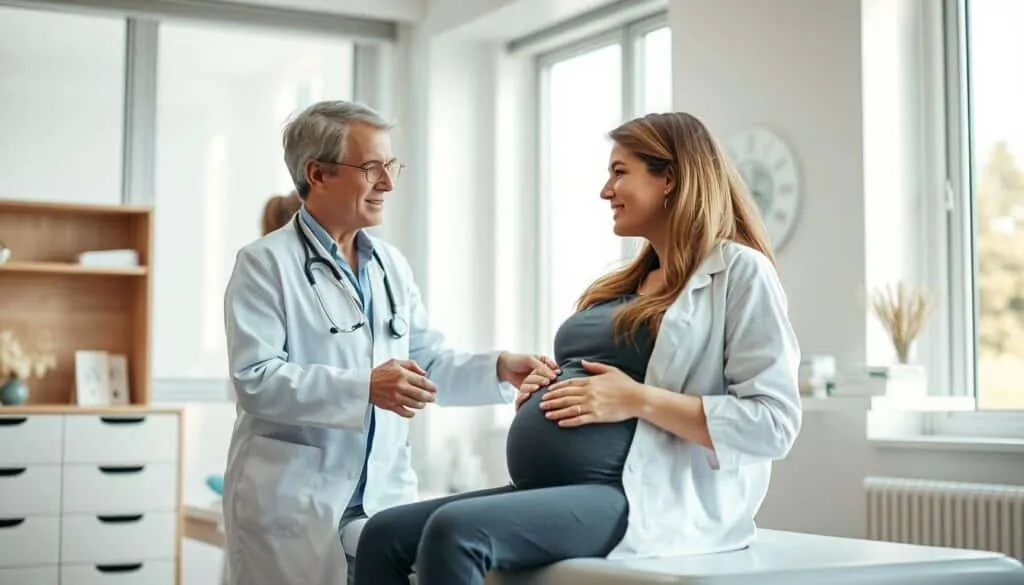 A serene, well-lit medical office setting, with a pregnant woman sitting comfortably on an examination table, surrounded by a caring, attentive medical professional providing expert guidance. The doctor's expression is one of warmth and empathy, their body language conveying a sense of reassurance. The woman's face radiates a mixture of curiosity and trust as she listens intently. Soft, natural lighting filters in through large windows, creating a calming atmosphere. The background features subtle medical accents, hinting at the professional expertise present, while maintaining a tranquil, nurturing ambiance.