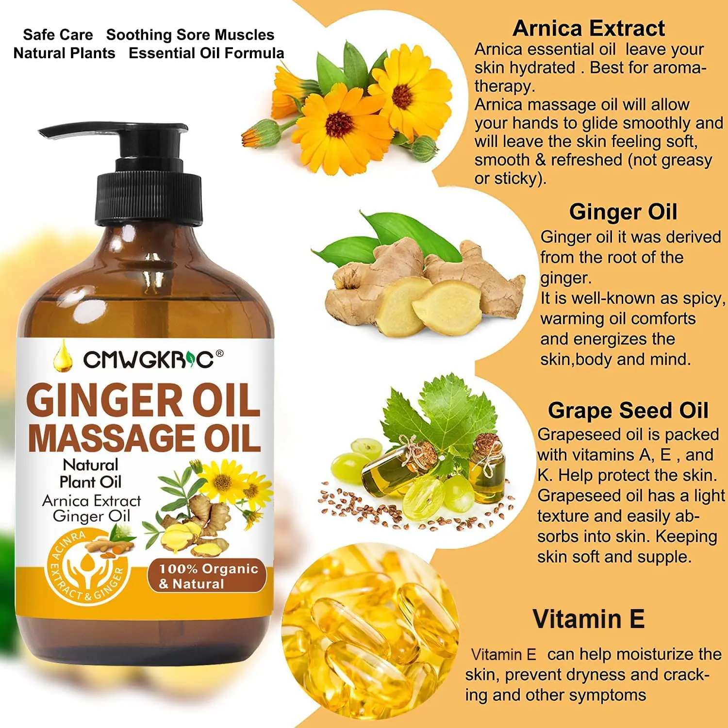 Ginger Oil,Ginger Massage Oil for Lymphatic Drainage,Natural Body Oil for Skin,Arnica Oil,Sore Muslce Massage Oil,Spa Ginger Oil-Warming and Relaxing for Mothers Day GiftsFathers Day Gift
