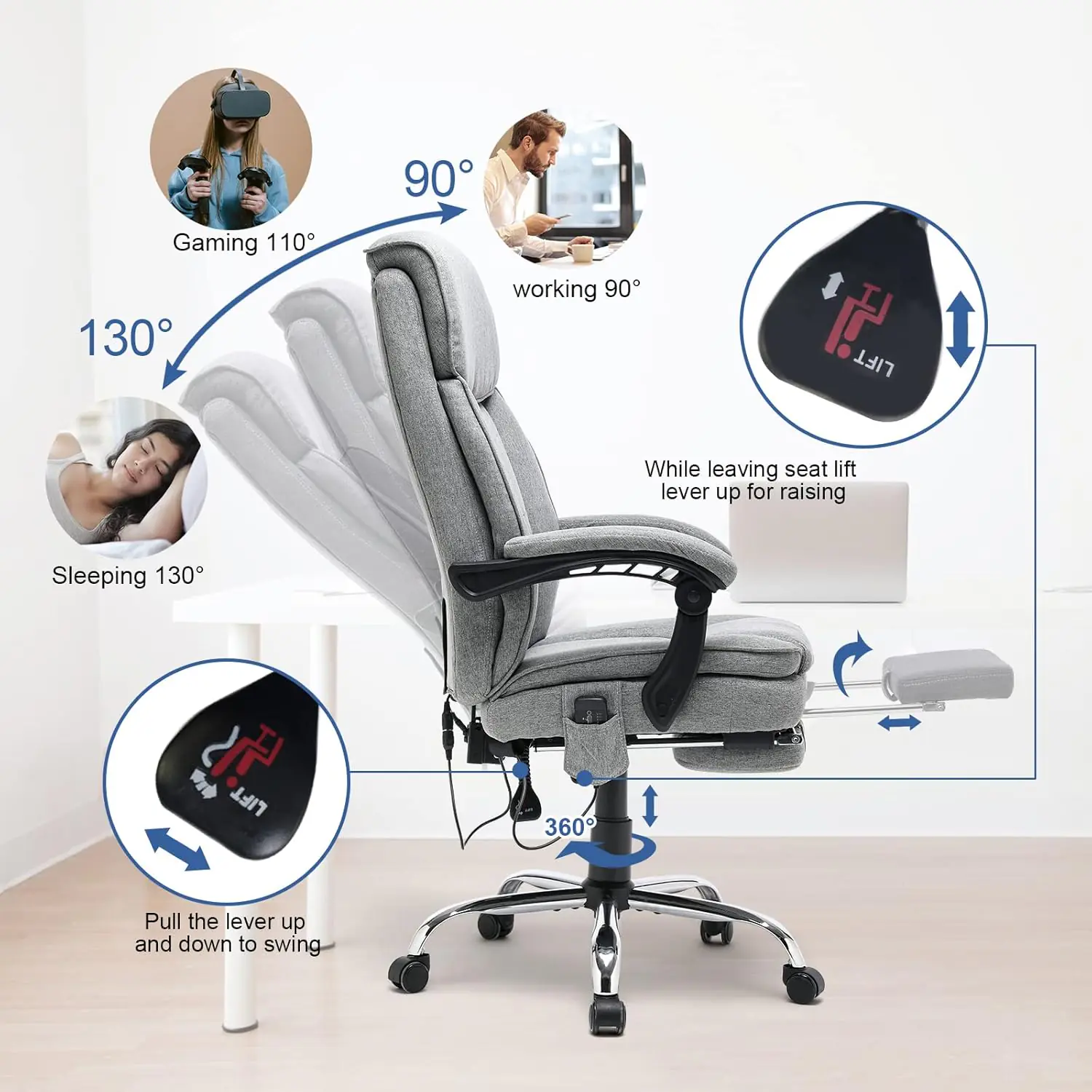 HOMREST Reclining Office Chair with 4-Point Massage, Breathable Fabric Executive Chair with Retractable Footrest, Ergonomic Computer Chair with High Back, Reclining Gaming Chair for Home, Light Grey