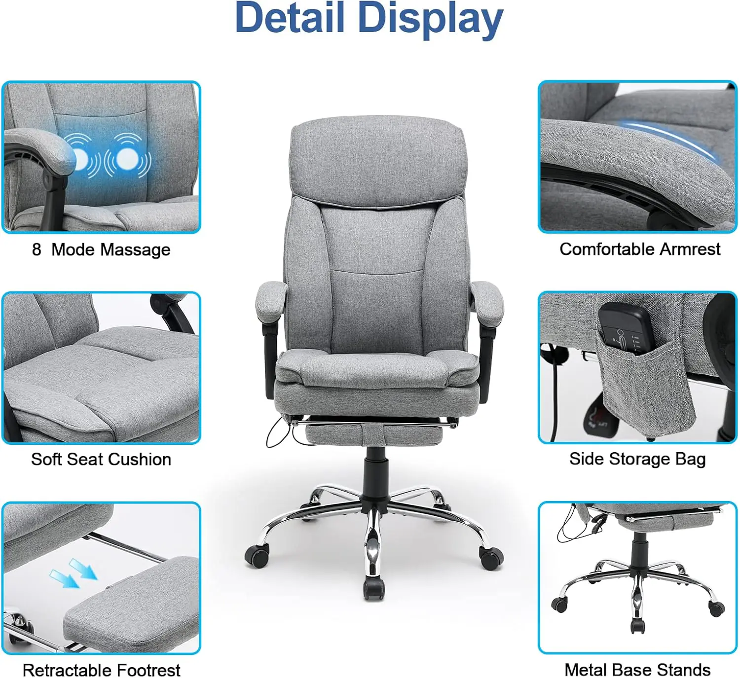 HOMREST Reclining Office Chair with 4-Point Massage, Breathable Fabric Executive Chair with Retractable Footrest, Ergonomic Computer Chair with High Back, Reclining Gaming Chair for Home, Light Grey