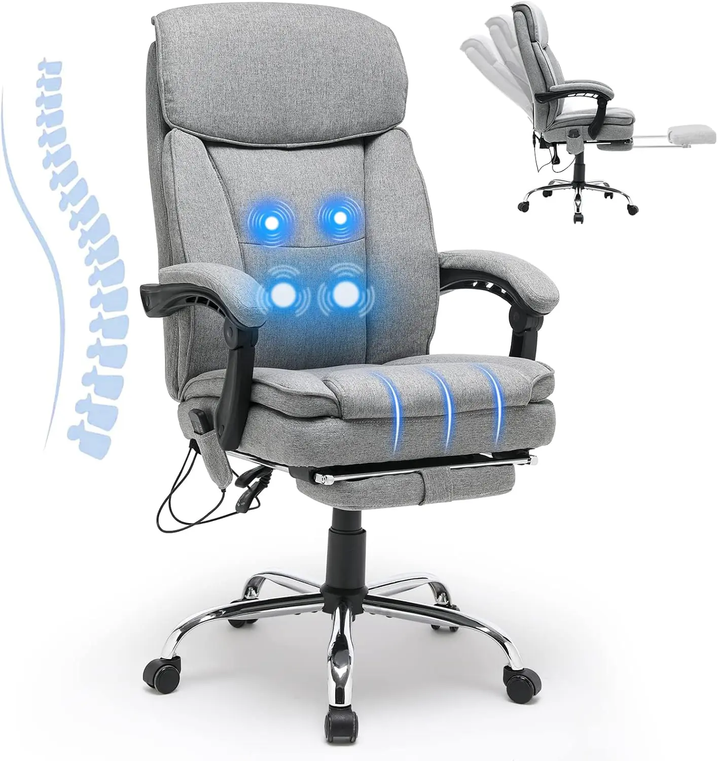 HOMREST Reclining Office Chair with 4-Point Massage, Breathable Fabric Executive Chair with Retractable Footrest, Ergonomic Computer Chair with High Back, Reclining Gaming Chair for Home, Light Grey