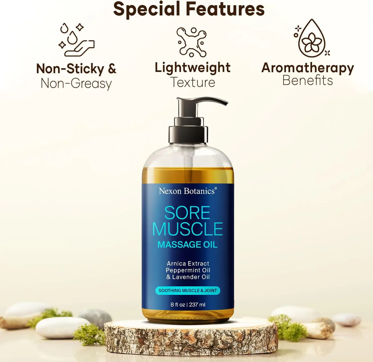 Sore Muscle Massage Oil 8 fl oz - Arnica Massage Oil for Therapy Sore Muscles - Peppermint Lavender for Body, Muscle Joint Relaxation - Nexon Botanics