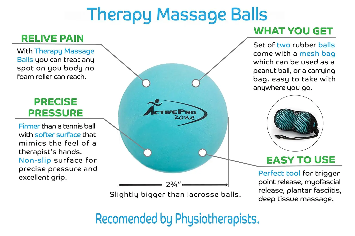 Therapy Massage Ball - Instant Muscle Pain Relief. Proven Effective for Myofascial Release, Deep Tissue Pressure, Yoga Trigger Point Treatments. Set - 2 Extra Firm Balls W/Mesh Bag.